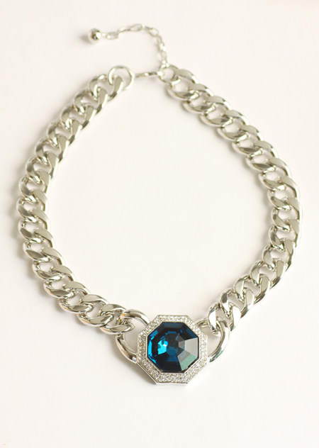 八边形蓝水晶粗链条项链