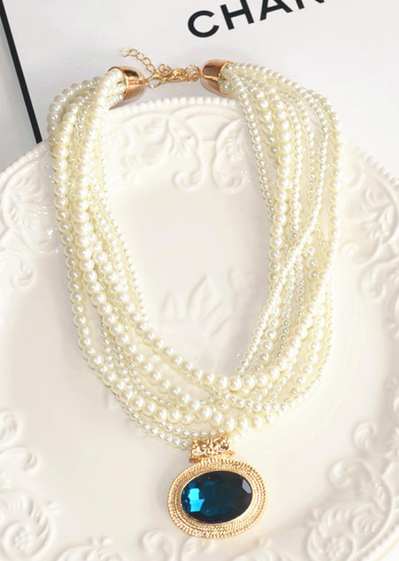 波西米亚 甜美气质多层珍珠蓝宝石吊坠多层毛衣链 珍珠项链 水晶项链 夸张项链 复古项链