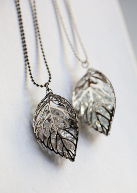 立体镂空水晶树叶毛衣链